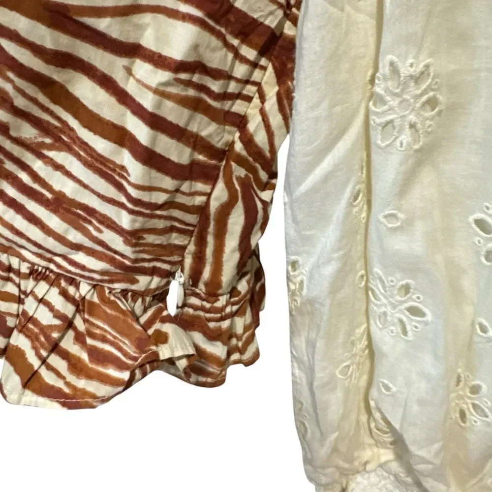 Revolve Anthropologie Love The Label Smocked Puff-Sleeve Brown Zebra Blouse
